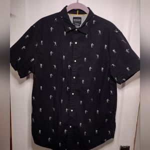 Ricky Singh Large Skeleton  Short Sleeve Button Up Shirt Denim & Flower Men's